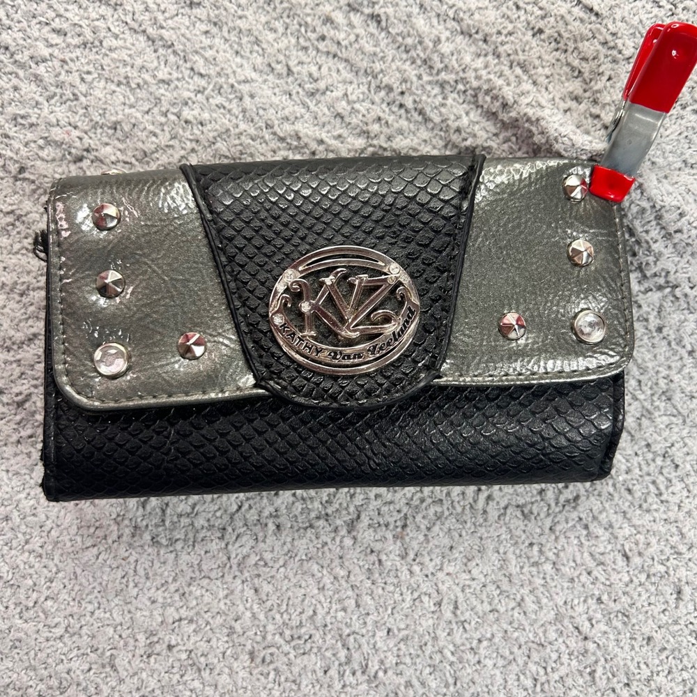 Kathy Van Zeeland Wallet Studded Snakeskin Black OS Y2K McBling Grunge Edgy